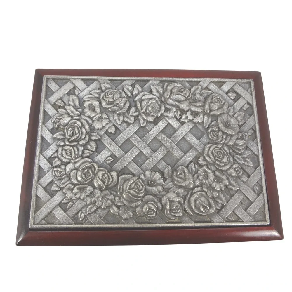 Vintage Style Wood Jewelry Box Silver‎ Tone Rose Pewter Floral Embossed Lid